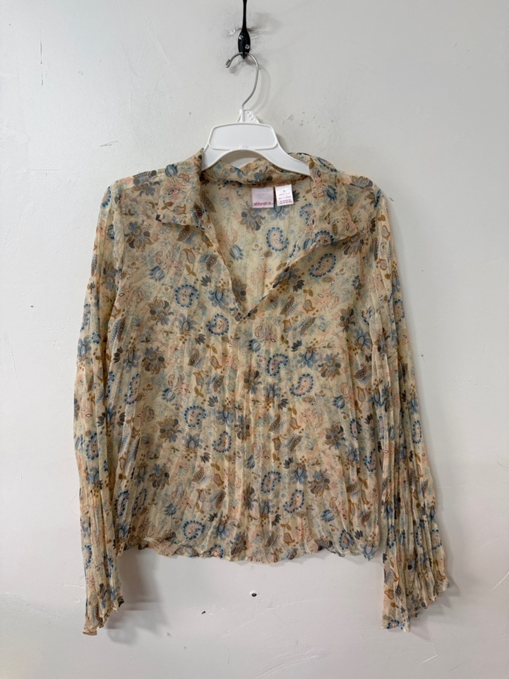 Xhilaration Sheer Floral Button-Front Blouse in Beige and Blue Y2K